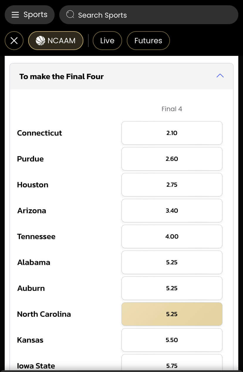 BetMGM North Carolina Final Four wager screenshot