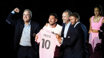 Jul 16, 2023; Ft. Lauderdale, FL, USA; Inter Miami CF forward Lionel Messi is introduced at The Unveil event and press conference on stage with Inter Miami CF managing owner Jorge Mas, Inter Miami CF co-owner Jose Mas, and Inter Miami CF co-owner David Beckham at DRV PNK Stadium. Mandatory Credit: Jasen Vinlove-USA TODAY Sports