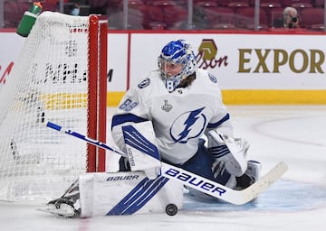 Jul 5, 2021; Montreal, Quebec, CAN; Tampa Bay Lightning goaltender Andrei Vasilevskiy (88) defends the net against the Montreal Canadiens during the second period in game four of the 2021 Stanley Cup Final at the Bell Centre. Mandatory Credit: Eric Bolte-